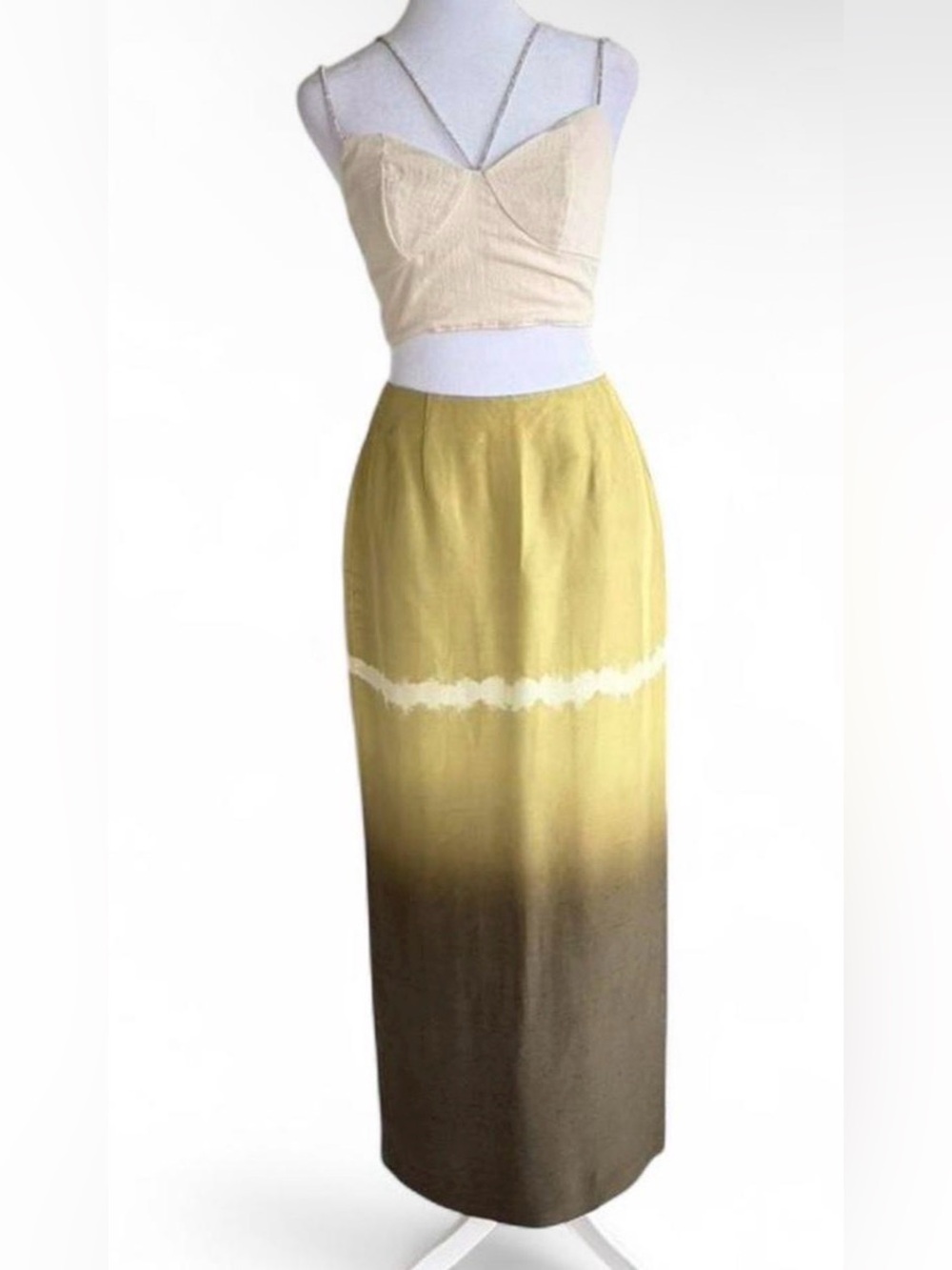 Jones New York Lime Green to Olive Ombre Maxi Skirt with White Band Accent